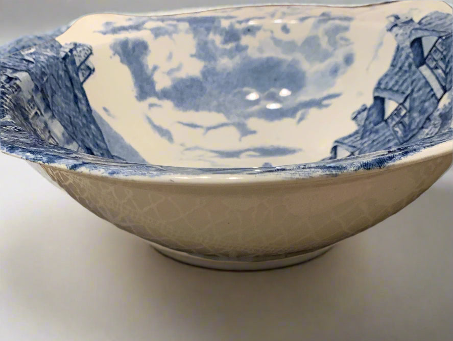 Vintage Johnson Bros Old English porcelain salad bowl, hand-painted in blue and white countryside scene, 24 cm square.