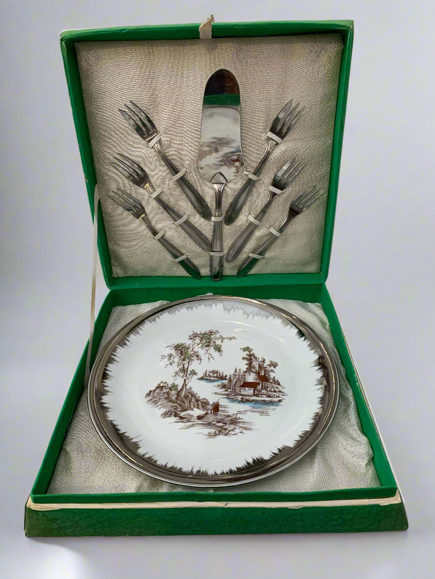 Vintage Karlsaen Bavaria dessert set with large plate, forks, and dessert server in original green box. Hand-painted watermill scene, 1960s.