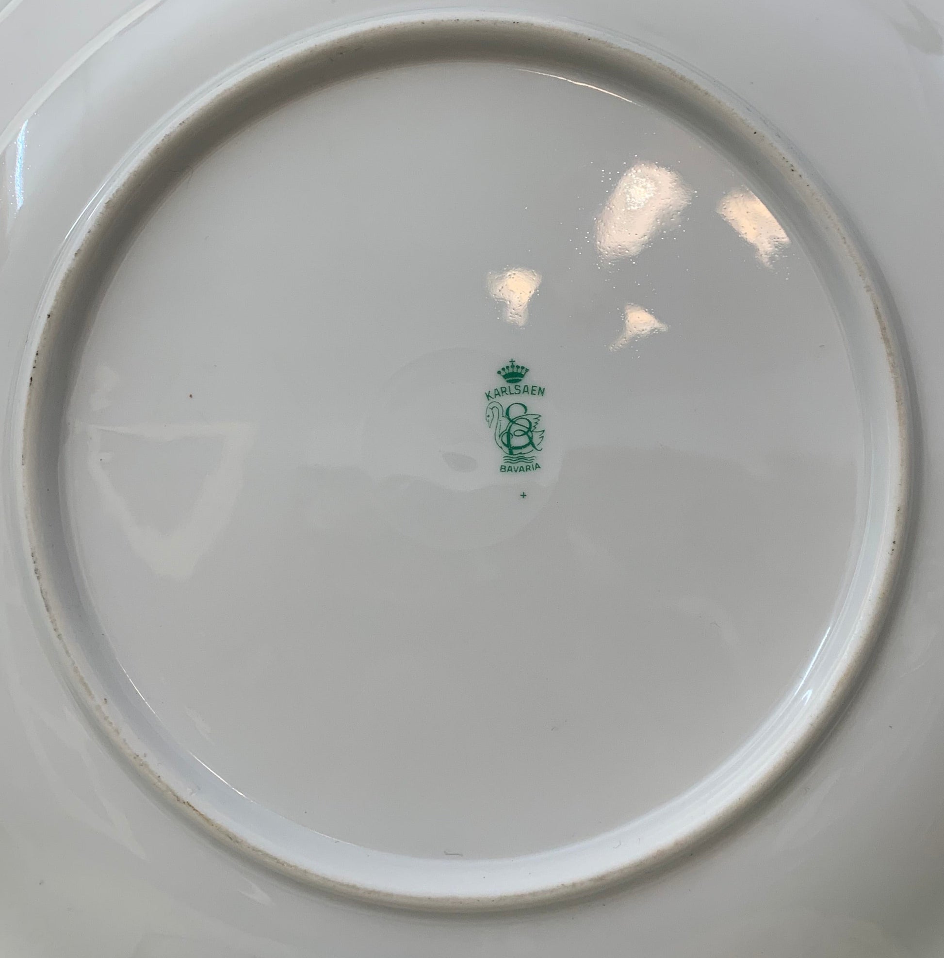 Vintage Karlsaen Bavaria dessert set with large plate, forks, and dessert server in original green box. Hand-painted watermill scene, 1960s.
