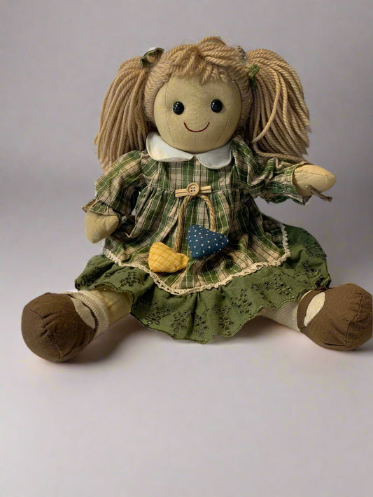 Vintage 1990s My Doll “Anika” handmade Italian cloth doll, 45cm, in green floral dress with extra vintage-style clothing and sewn-on shoes.
