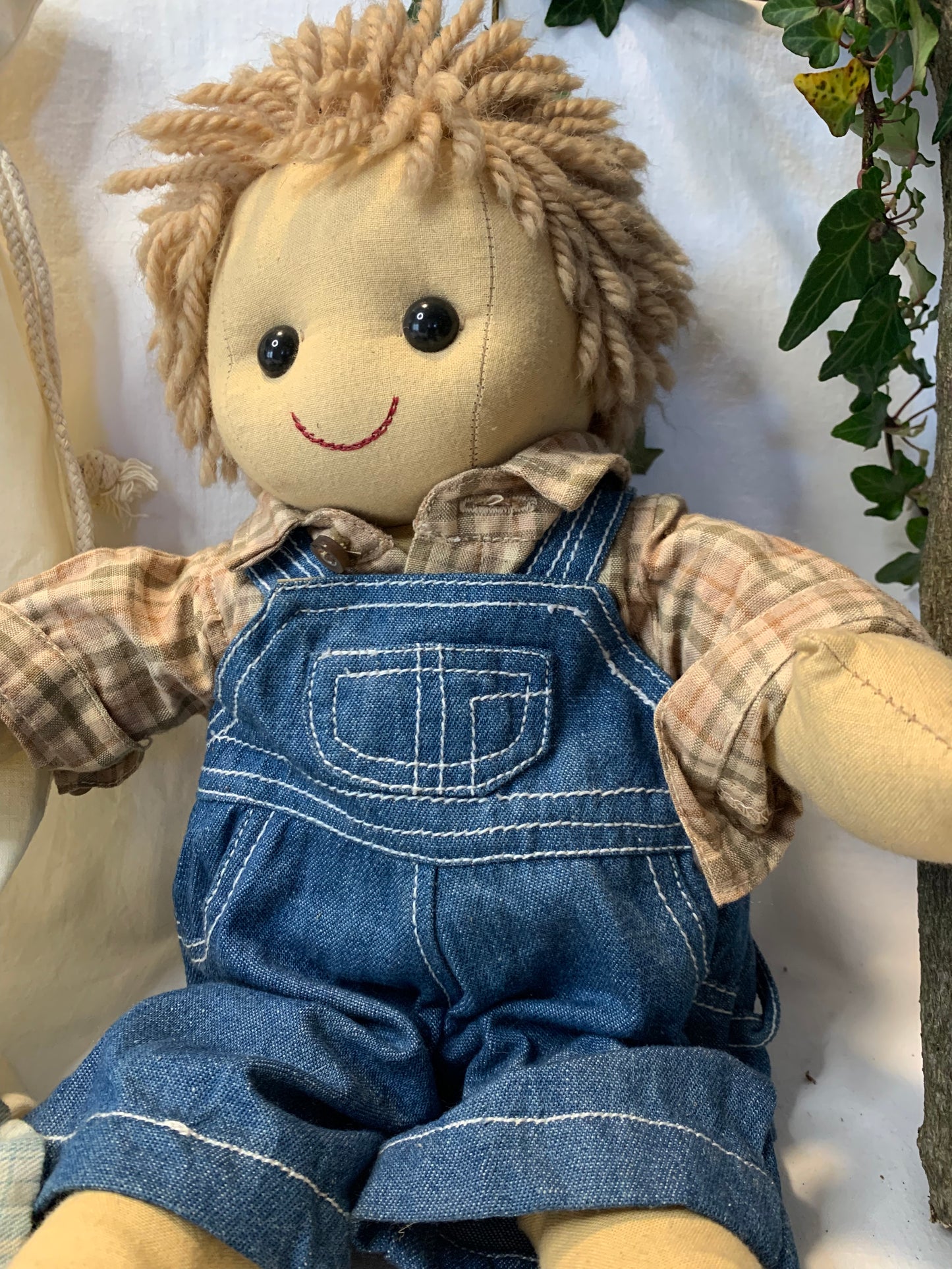 Vintage My Doll “Daniel” 45cm eco-friendly cloth doll from the 1990s wearing denim overalls with full handmade wardrobe and removable shoes.