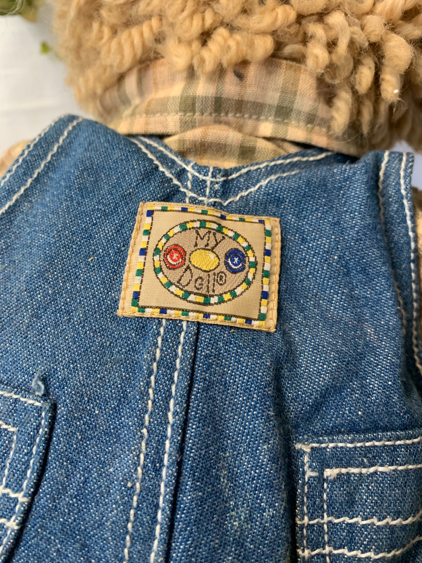 Vintage My Doll “Daniel” 45cm eco-friendly cloth doll from the 1990s wearing denim overalls with full handmade wardrobe and removable shoes.
