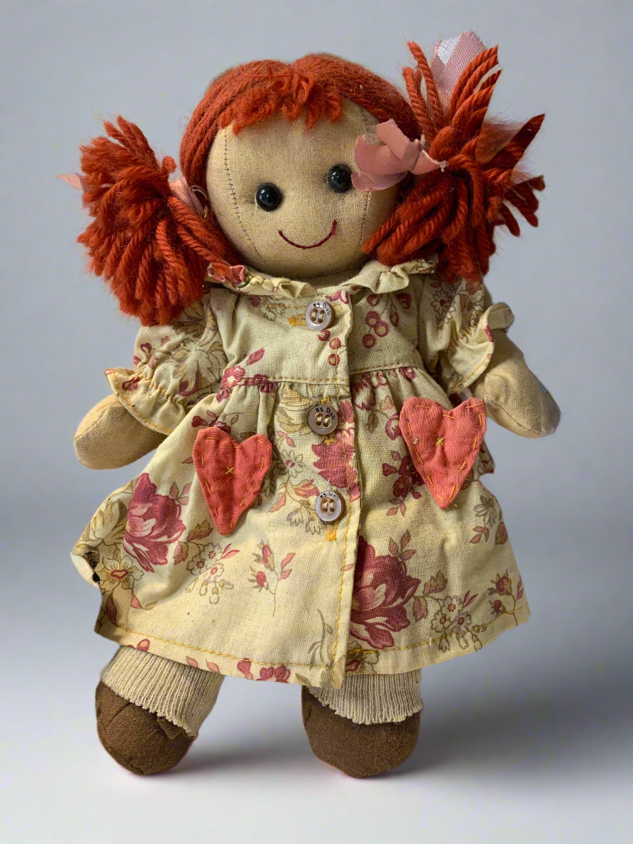 Vintage 1990s My Doll cloth doll with red yarn hair, original dress, cotton storage bag, and complete handmade clothing wardrobe – made in Italy.
