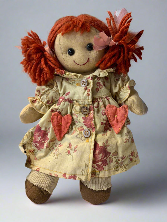 Vintage 1990s My Doll cloth doll with red yarn hair, original dress, cotton storage bag, and complete handmade clothing wardrobe – made in Italy.