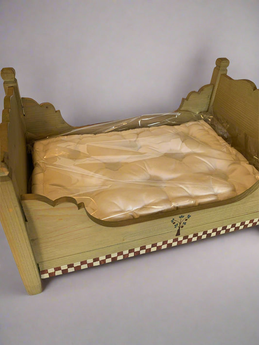 Vintage 1990s hand-painted wooden doll cradle by My Doll with countryside design and included mattress – fits 45cm dolls.
