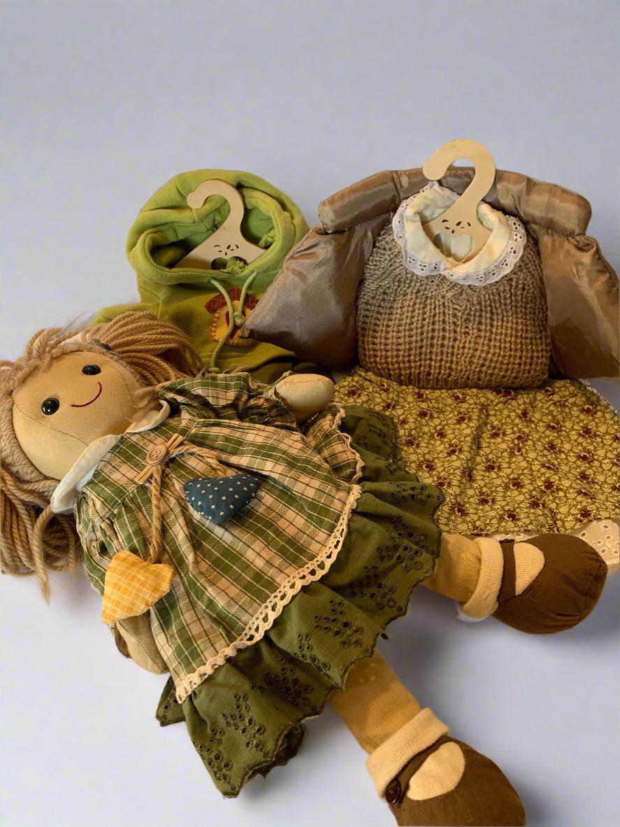 Vintage 1990s My Doll “Anika” handmade Italian cloth doll, 45cm, in green floral dress with extra vintage-style clothing and sewn-on shoes.