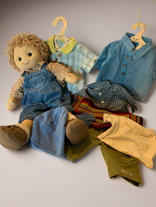 Vintage My Doll “Daniel” 45cm eco-friendly cloth doll from the 1990s wearing denim overalls with full handmade wardrobe and removable shoes.