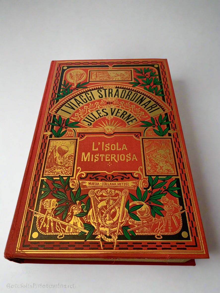 Vintage 1980s Italian edition of Jules Verne’s “L’Isola Misteriosa” with ornate red and gold embossed hardcover – I Viaggi Straordinari series by Mursia.