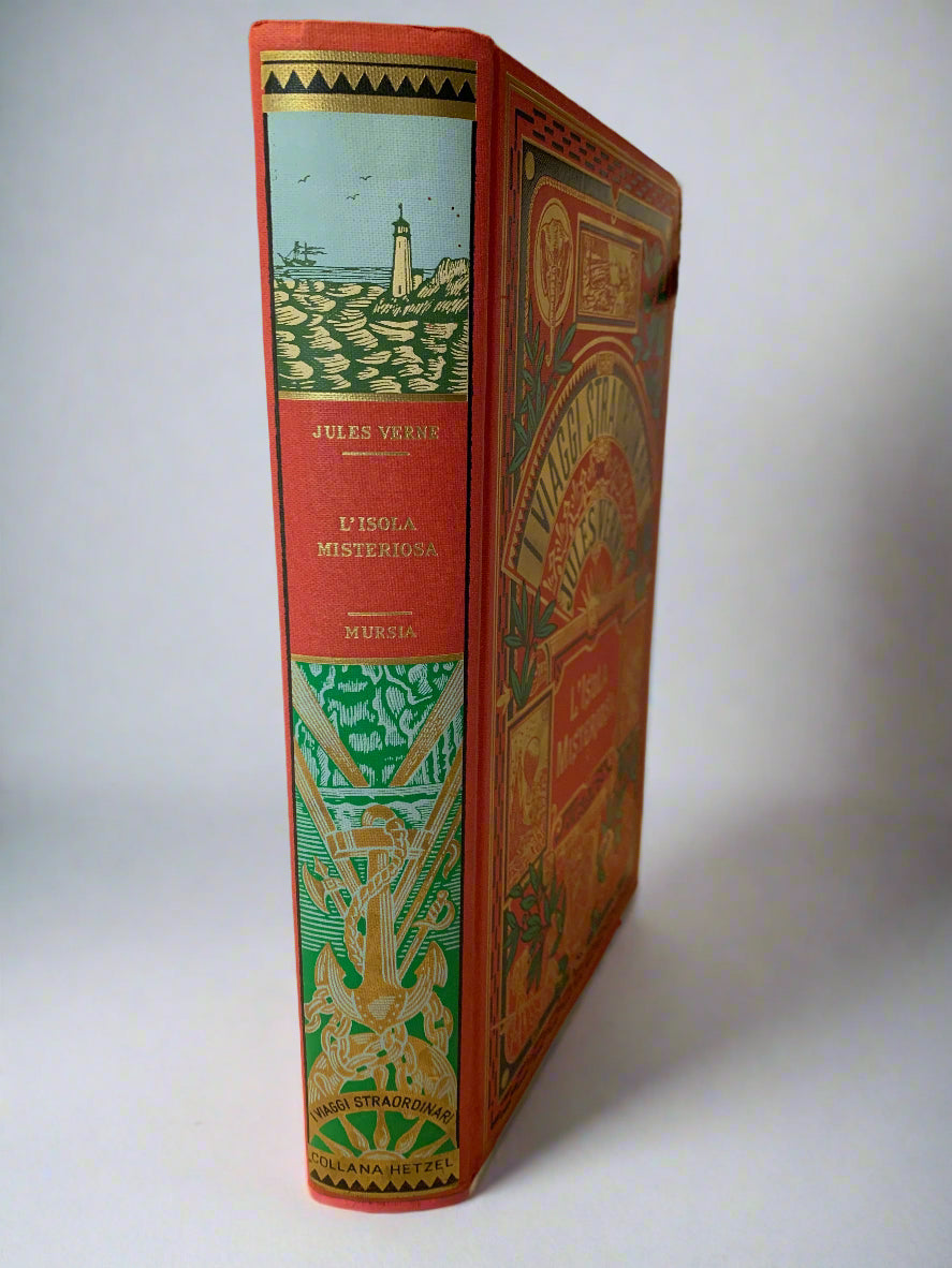 Vintage 1980s Italian edition of Jules Verne’s “L’Isola Misteriosa” with ornate red and gold embossed hardcover – I Viaggi Straordinari series by Mursia.