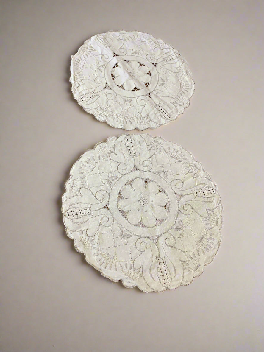 Pair of vintage round beige doilies with intarsia lace design – 38cm diameter – perfect for table, dresser or centerpiece decor.