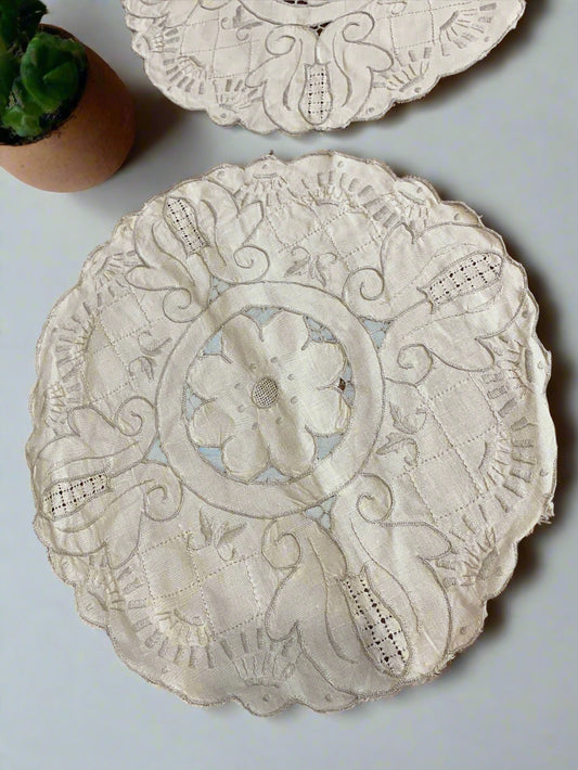 Pair of vintage round beige doilies with intarsia lace design – 38cm diameter – perfect for table, dresser or centerpiece decor.