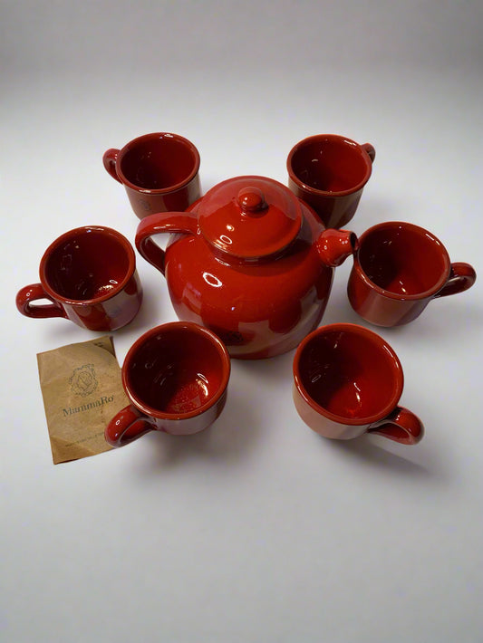 Vintage 1980s red terracotta tea and chocolate set by Mamma Rò, includes teapot and 6 mugs – unused with original leaflet – Italian artisan pottery.