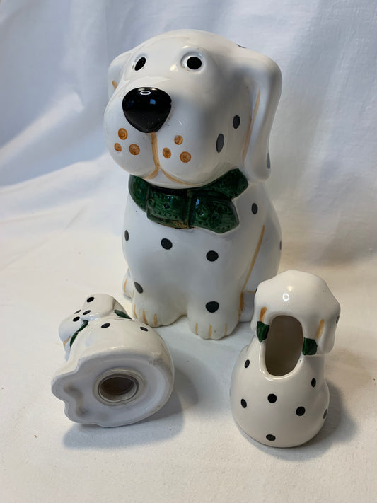 1980s vintage ceramic dog kitchenware set with spotted Dalmatian design, includes utensil holder, toothpick holder, and salt shaker – retro and functional.