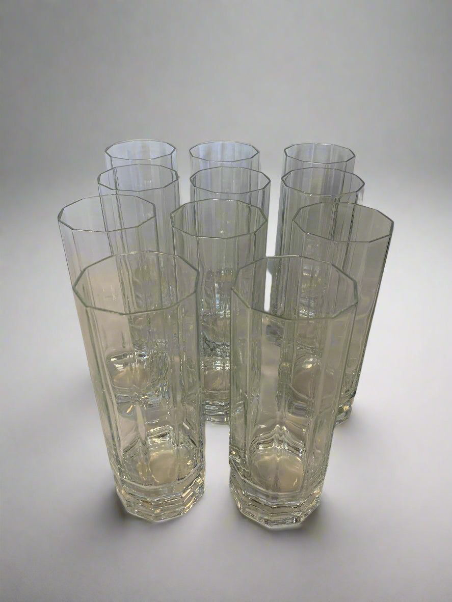 Set of 11 vintage Luigi Bormioli Cristal Light & Music glasses with decagonal shape, 15cm tall clear crystal glass – perfect condition.