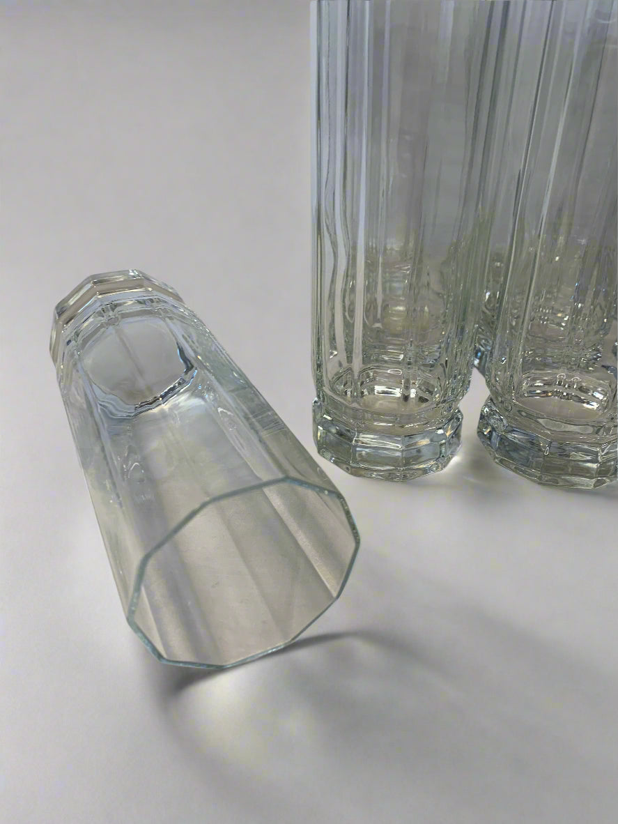 Set of 11 vintage Luigi Bormioli Cristal Light & Music glasses with decagonal shape, 15cm tall clear crystal glass – perfect condition.