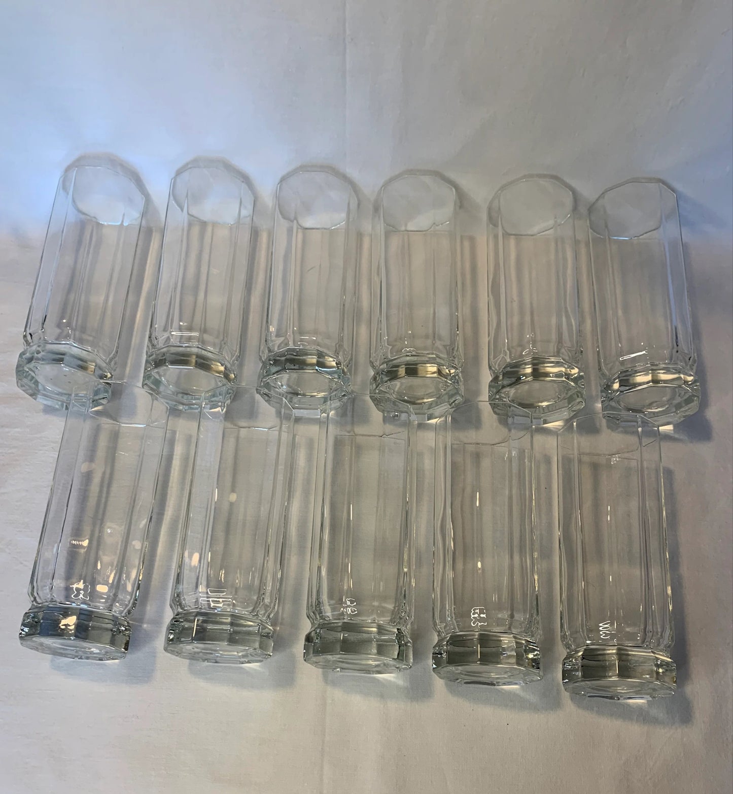 Set of 11 vintage Luigi Bormioli Cristal Light & Music glasses with decagonal shape, 15cm tall clear crystal glass – perfect condition.