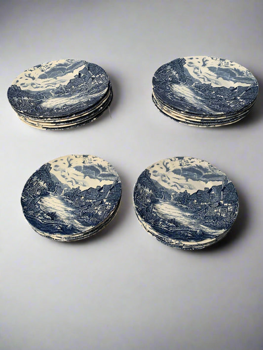 Set of 6 Johnson Bros Old English dessert plates, 20 cm, hand-painted blue and white porcelain landscape scene.
