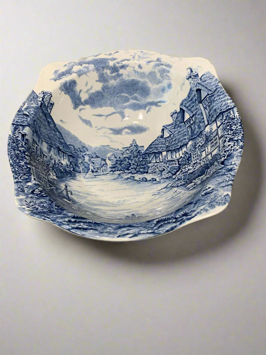 Vintage Johnson Bros Old English porcelain salad bowl, hand-painted in blue and white countryside scene, 24 cm square.